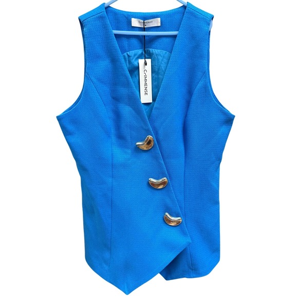 commense Womens Asymmetrical Vest Sleeveless Top Blue Gold Button Down - Picture 1 of 4